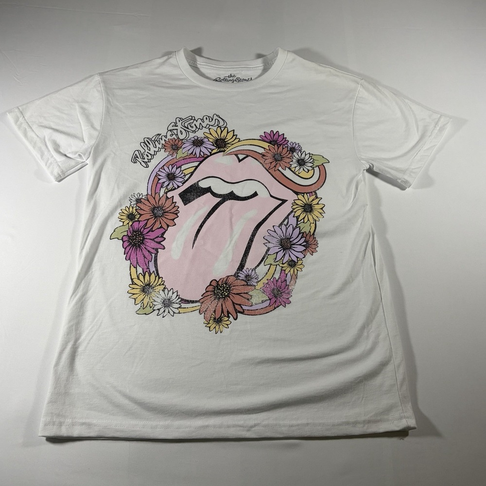 Rolling Stones Floral Tongue Logo Women's White T-Shirt Size Medium